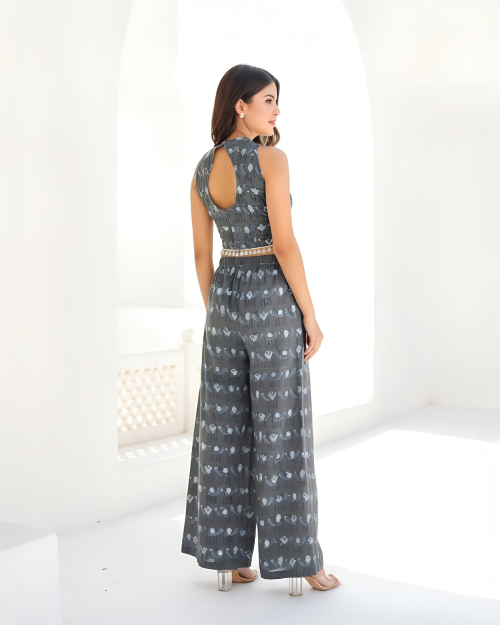 Back view of Bolbo Midnight Muse gray camel coord set showing keyhole back cut and relaxed silhouette.