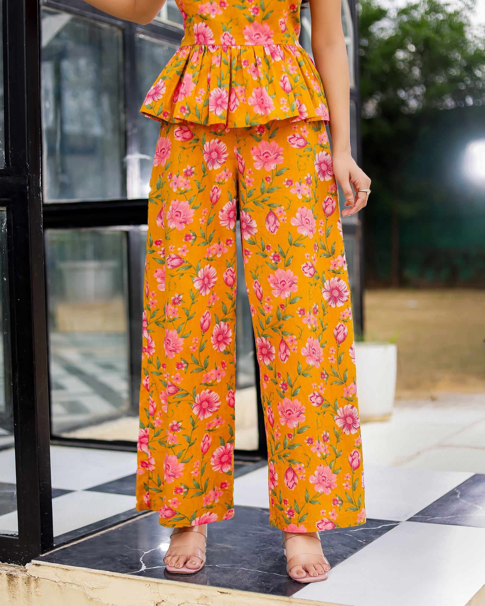 Full outfit view of Bolbo Sunshine Bloom yellow floral coord set – perfect for casual, summer, or brunch wear.